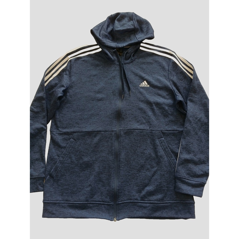 Adidas Full Zip Hoodie Logo 3 Stripe Sleeve Activewear Blue Jacket Men's Large L